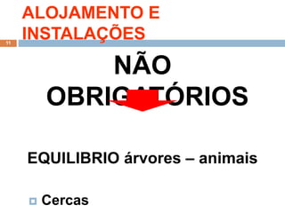 ALOJAMENTO E
INSTALAÇÕES
NÃO
OBRIGATÓRIOS
EQUILIBRIO árvores – animais
 Cercas
11
 