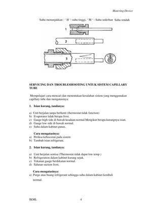 Matering Device
IKML 4
Suhu menunjukkan : ‘ H ‘: suhu tinggi, ‘ M ‘ : Suhu sederhana, ‘ L ‘ :
SERVICING DAN TROUBLESHOOTING UNTUK SISTEM CAPILLARY
TUBE
Mempelajari cara mencari dan menentukan kesalahan sistem yang menggunakan
capillary tube dan mengatasinya:
1. Isian kurang, tandanya:
a) Unit berjalan tanpa berhenti (thermostat tidak function)
b) Evaporator tidak berapa frost.
c) Gauge high side di bawah keadaan normal.Mengikut berapa kurangnya isian.
d) Gauge low side di bawah normal.
e) Suhu dalam kabinet panas.
Cara mengatasinya:
a) Periksa kebocoran pada sistem
b) Tambah isian refrigerant.
2. Isian kurang, tandanya:
a) Unit berjalan sentisa (Thermostat tidak dapat low temp )
b) Refrigeration dalam kabinet kurang sejuk.
c) Tekanan gauge berdekatan normal.
d) Saluran suction frost.
Cara mengatasinya:
a) Purge atau buang refrigerant sehingga suhu dalam kabinet kembali
normal.
Suhu rendah
 