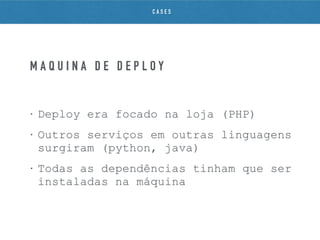 • Deploy era focado na loja (PHP)
• Outros serviços em outras linguagens
surgiram (python, java)
• Todas as dependências tinham que ser
instaladas na máquina
M Á Q U I N A D E D E P L O Y
C A S E S
 