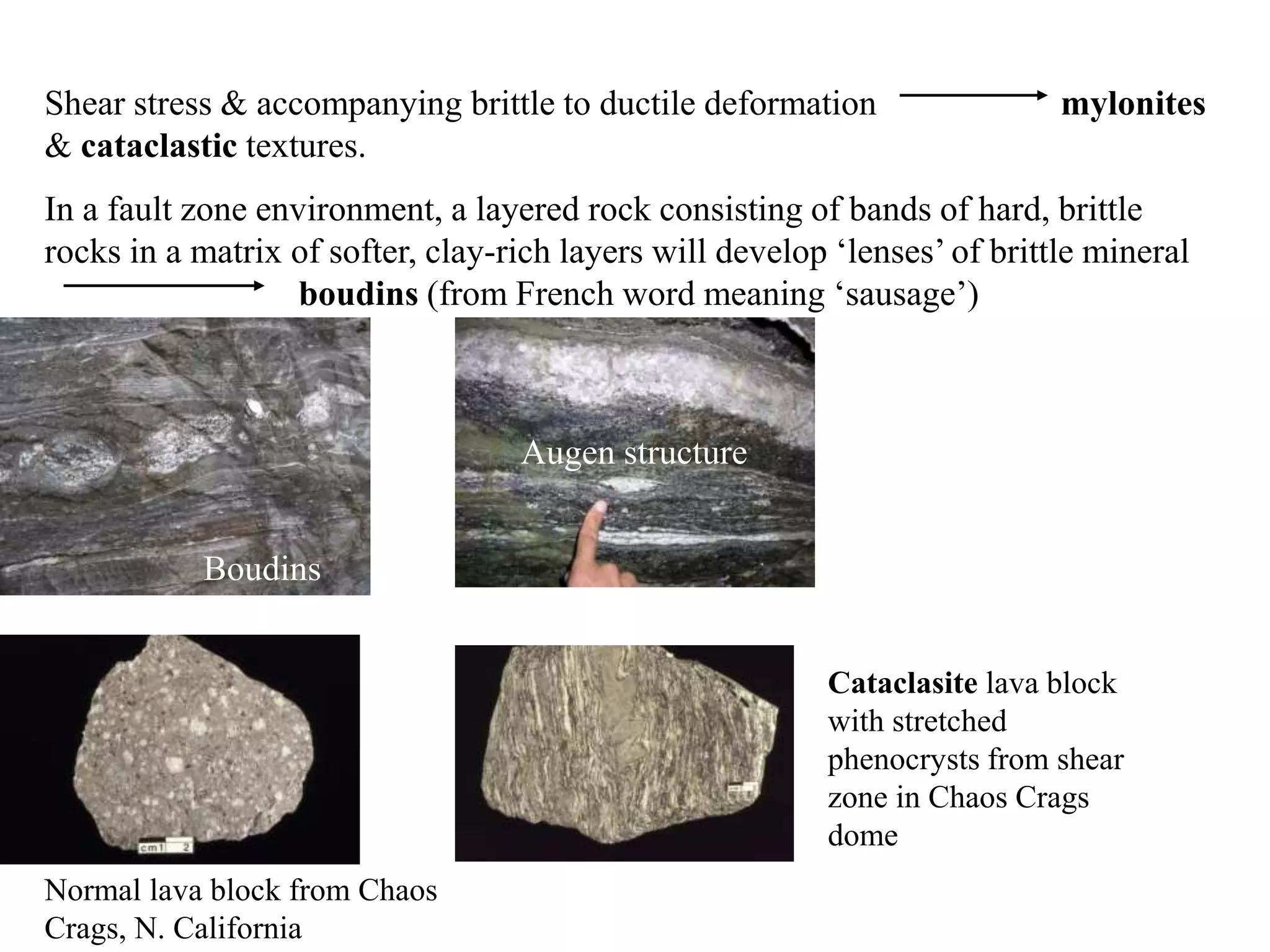 Shear stress & accompanying brittle to ductile deformation mylonites
& cataclastic textures.
In a fault zone environment, a layered rock consisting of bands of hard, brittle
rocks in a matrix of softer, clay-rich layers will develop ‘lenses’ of brittle mineral
boudins (from French word meaning ‘sausage’)
Boudins
Augen structure
Normal lava block from Chaos
Crags, N. California
Cataclasite lava block
with stretched
phenocrysts from shear
zone in Chaos Crags
dome
 
