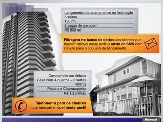 Lançamento de apartamento na Aclimação
                   3 suítes
                   120 m2
                   2 vagas de garagem
                   R$ 600 mil

                  Filtragem no banco de dados dos clientes que
                  buscam imóvel neste perfil e envio de SMS com
                  convite para o coquetel de lançamento




         Condomínio em Atibaia
   Casa com 4 quartos – 2 suítes
                          400m2
         Piscina e Churrasqueira
                   R$ 1,2 milhão

  Telefonema para os clientes
que buscam imóvel neste perfil
 