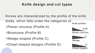 Knife design and cut types
Knives are characterized by the profile of the knife
blade, which falls under the categories of
oPlanar concave (Profile A)
oBiconcave (Profile B)
oWedge shaped (Profile C)
oChisel shaped designs (Profile D)
 