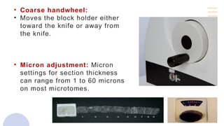 • Coarse handwheel:
• Moves the block holder either
toward the knife or away from
the knife.
• Micron adjustment: Micron
settings for section thickness
can range from 1 to 60 microns
on most microtomes.
 