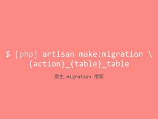 $	
  [php]	
  artisan	
  make:migration	
  	
  
{action}_{table}_table
產⽣生	
  migration	
  檔案
 