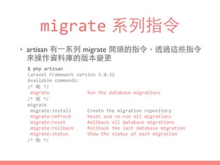 migrate 系列指令
• artisan 有⼀一系列 migrate 開頭的指令，透過這些指令
來操作資料庫的版本變更
$	
  php	
  artisan	
  
Laravel	
  Framework	
  version	
  5.0.32	
  
Available	
  commands:	
  
/*	
  略	
  */	
  
	
  migrate	
  	
  	
  	
  	
  	
  	
  	
  	
  	
  	
  	
  	
  	
  Run	
  the	
  database	
  migrations	
  
/*	
  略	
  */	
  
migrate	
  
	
  migrate:install	
  	
  	
  	
  	
  	
  Create	
  the	
  migration	
  repository	
  
	
  migrate:refresh	
  	
  	
  	
  	
  	
  Reset	
  and	
  re-­‐run	
  all	
  migrations	
  
	
  migrate:reset	
  	
  	
  	
  	
  	
  	
  	
  Rollback	
  all	
  database	
  migrations	
  
	
  migrate:rollback	
  	
  	
  	
  	
  Rollback	
  the	
  last	
  database	
  migration	
  
	
  migrate:status	
  	
  	
  	
  	
  	
  	
  Show	
  the	
  status	
  of	
  each	
  migration	
  
/*	
  略	
  */
 