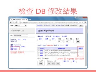 檢查 DB 修改結果
新建的資料表
Laravel 的 migrate 版次紀錄
 