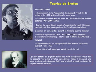 Teories de Breton
     AUTOMATISME
     • Coneixement de la Psicoanàlisi de Sigmund Freud. El 10
     octubre de 1921 visita a Freud a casa seva.
     • La teoria psicoanalítica es basa en l’associació lliure d’idees i
     defensa l’AUTOMATISME.

     • Breton ja havia tingut ocasió d’experimentar amb tècniques
     derivades de les investigacions de Freud quan treballava
     d’auxiliar en un hospital, durant la Primera Guerra Mundial.
     • Practica a partir de 1921 l’AUTOMATISME (sessions
     d’escriptura automàtica) i escriu “ELS CAMPS MAGNÈTICS”.
     SOMNI
     • Coneixement de “La interpretació dels somnis” de Freud,
     publicat l’any 1900
     • Importància del somni per evadir-se de la raó.



 El gust estètic de Sigmund Freud era molt tradicional: Freud mai
no acceptà l’obra dels artistes surrealistes, només li interessà una
mica la pintura de Salvador Dalí, que el visità a Londres durant la
Segona Guerra Mundial.
 
