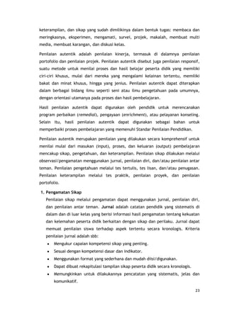 23
keterampilan, dan sikap yang sudah dimilikinya dalam bentuk tugas: membaca dan
meringkasnya, eksperimen, mengamati, survei, projek, makalah, membuat multi
media, membuat karangan, dan diskusi kelas.
Penilaian autentik adalah penilaian kinerja, termasuk di dalamnya penilaian
portofolio dan penilaian projek. Penilaian autentik disebut juga penilaian responsif,
suatu metode untuk menilai proses dan hasil belajar peserta didik yang memiliki
ciri-ciri khusus, mulai dari mereka yang mengalami kelainan tertentu, memiliki
bakat dan minat khusus, hingga yang jenius. Penilaian autentik dapat diterapkan
dalam berbagai bidang ilmu seperti seni atau ilmu pengetahuan pada umumnya,
dengan orientasi utamanya pada proses dan hasil pembelajaran.
Hasil penilaian autentik dapat digunakan oleh pendidik untuk merencanakan
program perbaikan (remedial), pengayaan (enrichment), atau pelayanan konseling.
Selain itu, hasil penilaian autentik dapat digunakan sebagai bahan untuk
memperbaiki proses pembelajaran yang memenuhi Standar Penilaian Pendidikan.
Penilaian autentik merupakan penilaian yang dilakukan secara komprehensif untuk
menilai mulai dari masukan (input), proses, dan keluaran (output) pembelajaran
mencakup sikap, pengetahuan, dan keterampilan. Penilaian sikap dilakukan melalui
observasi/pengamatan menggunakan jurnal, penilaian diri, dan/atau penilaian antar
teman. Penilaian pengetahuan melalui tes tertulis, tes lisan, dan/atau penugasan.
Penilaian keterampilan melalui tes praktik, penilaian proyek, dan penilaian
portofolio.
1. Pengamatan Sikap
Penilaian sikap melalui pengamatan dapat menggunakan jurnal, penilaian diri,
dan penilaian antar teman. Jurnal adalah catatan pendidik yang sistematis di
dalam dan di luar kelas yang berisi informasi hasil pengamatan tentang kekuatan
dan kelemahan peserta didik berkaitan dengan sikap dan perilaku. Jurnal dapat
memuat penilaian siswa terhadap aspek tertentu secara kronologis. Kriteria
penilaian jurnal adalah sbb:
Mengukur capaian kompetensi sikap yang penting.
Sesuai dengan kompetensi dasar dan indikator.
Menggunakan format yang sederhana dan mudah diisi/digunakan.
Dapat dibuat rekapitulasi tampilan sikap peserta didik secara kronologis.
Memungkinkan untuk dilakukannya pencatatan yang sistematis, jelas dan
komunikatif.
 