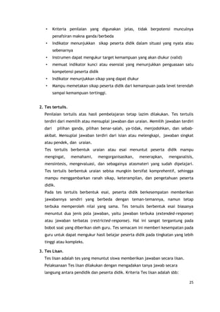 25
• Kriteria penilaian yang digunakan jelas, tidak berpotensi munculnya
penafsiran makna ganda/berbeda
• Indikator menunjukkan sikap peserta didik dalam situasi yang nyata atau
sebenarnya
• Instrumen dapat mengukur target kemampuan yang akan diukur (valid)
• memuat indikator kunci atau esensial yang menunjukkan penguasaan satu
kompetensi peserta didik
• Indikator menunjukkan sikap yang dapat diukur
• Mampu memetakan sikap peserta didik dari kemampuan pada level terendah
sampai kemampuan tertinggi.
2. Tes tertulis.
Penilaian tertulis atas hasil pembelajaran tetap lazim dilakukan. Tes tertulis
terdiri dari memilih atau mensuplai jawaban dan uraian. Memilih jawaban terdiri
dari pilihan ganda, pilihan benar-salah, ya-tidak, menjodohkan, dan sebab-
akibat. Mensuplai jawaban terdiri dari isian atau melengkapi, jawaban singkat
atau pendek, dan uraian.
Tes tertulis berbentuk uraian atau esai menuntut peserta didik mampu
mengingat, memahami, mengorganisasikan, menerapkan, menganalisis,
mensintesis, mengevaluasi, dan sebagainya atasmateri yang sudah dipelajari.
Tes tertulis berbentuk uraian sebisa mungkin bersifat komprehentif, sehingga
mampu menggambarkan ranah sikap, keterampilan, dan pengetahuan peserta
didik.
Pada tes tertulis berbentuk esai, peserta didik berkesempatan memberikan
jawabannya sendiri yang berbeda dengan teman-temannya, namun tetap
terbuka memperoleh nilai yang sama. Tes tersulis berbentuk esai biasanya
menuntut dua jenis pola jawaban, yaitu jawaban terbuka (extended-response)
atau jawaban terbatas (restricted-response). Hal ini sangat tergantung pada
bobot soal yang diberikan oleh guru. Tes semacam ini memberi kesempatan pada
guru untuk dapat mengukur hasil belajar peserta didik pada tingkatan yang lebih
tinggi atau kompleks.
3. Tes Lisan.
Tes lisan adalah tes yang menuntut siswa memberikan jawaban secara lisan.
Pelaksanaan Tes lisan dilakukan dengan mengadakan tanya jawab secara
langsung antara pendidik dan peserta didik. Kriteria Tes lisan adalah sbb:
 