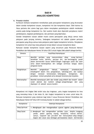 30
BAB III
ANALISIS KOMPETENSI
A. Prosedur Analisis
Kurikulum berbasis kompetensi menekankan pada pencapaian kompetensi yang dirumuskan
dalam standar kompetensi lulusan, kompetensi inti dan kompetensi dasar. Oleh karena itu
fokus pertama dan utama bagi guru dalam menyiapkan pembelajaran adalah melakukan
analisis pada ketiga kompetensi itu. Dari analisis itulah akan diperoleh penjabaran materi
pembelajaran, kegiatan pembelajaran, dan penilaian yang diperlukan.
Standar kompetensi lulusan adalah muara utama pencapaian yang dituju semua mata
pelajaran pada jenjang tertentu. Sedangkan kompetensi inti adalah pijakan pertama
pencapaian yang dituju semua mata pelajaran pada tingkat kompetensi tertentu. Penjabaran
kompetensi inti untuk tiap mata pelajaran tersaji dalam rumusan kompetensi dasar.
Rumusan standar kompetensi lulusan seperti yang tercantum pada Peraturan Menteri
Pendidikan dan Kebudayaan Nomor 54 tahun 2013 untuk tingkat SMA adalah sebagai berikut.
Dimensi Kualifikasi Kemampuan
Sikap Memiliki perilaku yang mencerminkan sikap orang beriman,
berakhlak mulia, berilmu, percaya diri, dan bertanggung jawab
dalam berinteraksi secara efektif dengan lingkungan sosial dan alam
serta dalam menempatkan diri sebagai cerminan bangsa dalam
pergaulan dunia
Pengetahuan Memiliki pengetahuan faktual, konseptual, prosedural,dan
metakognitif dalam ilmu pengetahuan, teknologi,seni, dan budaya
dengan wawasan kemanusiaan, kebangsaan, kenegaraan, dan
peradaban terkait penyebab serta dampak fenomena dan kejadian.
Keterampilan Memiliki kemampuan pikir dan tindak yang efektif dan kreatif dalam
ranah abstrak dan konkret sebagai pengembangan dari yang
dipelajari di sekolah secara mandiri.
Kompetensi inti tingkat SMA terdiri atas dua tingkatan, yaitu tingkat kompetensi ke lima
yang mencakup kelas X dan kelas XI, dan tingkat kompetensi ke enam untuk kelas XII.
Rumusan kompetensi yang relelevan bagi kelas X sesua Peraturan Menteri Pendidikan dan
Kebudayaan Nomor 64 Tahun 2013 tentang Standar Isi adalah sebagai berikut.
Kompetensi Deskripsi Kompetensi
Sikap Spiritual 1. Menghayati dan mengamalkan ajaran agama yang dianutnya
Sikap Sosial 2. Menghayati dan mengamalkan perilaku jujur, disiplin, tanggung
jawab, peduli (gotong royong, kerjasama, toleran, damai),
santun, responsif dan pro-aktif dan menunjukkan sikap sebagai
bagian dari solusi atas berbagai permasalahan dalam berinteraksi
 