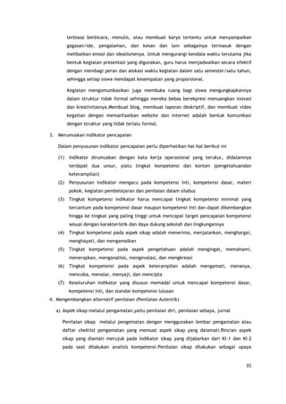 35
terbiasa berbicara, menulis, atau membuat karya tertentu untuk menyampaikan
gagasan/ide, pengalaman, dan kesan dan lain sebagainya termasuk dengan
melibatkan emosi dan idealismenya. Untuk mengurangi kendala waktu terutama jika
bentuk kegiatan presentasi yang digunakan, guru harus menjadwalkan secara efektif
dengan membagi peran dan alokasi waktu kegiatan dalam satu semester/satu tahun,
sehingga setiap siswa mendapat kesempatan yang proporsional.
Kegiatan mengomunikasikan juga membuka ruang bagi siswa mengungkapkannya
dalam struktur tidak formal sehingga mereka bebas berekpresi menuangkan inovasi
dan kreativitasnya.Membuat blog, membuat laporan deskriptif, dan membuat video
kegaitan dengan memanfaatkan website dan internet adalah bentuk komunikasi
dengan struktur yang tidak terlalu formal.
3. Merumuskan indikator pencapaian
Dalam penyusunan indikator pencapaian perlu diperhatikan hal-hal berikut ini
(1) Indikator dirumuskan dengan kata kerja operasional yang terukur, didalamnya
terdapat dua unsur, yiatu tingkat kompetensi dan konten (pengetahuandan
keterampilan)
(2) Penyusunan indikator mengacu pada kompetensi inti, kompetensi dasar, materi
pokok, kegiatan pembelajaran dan penilaian dalam silabus
(3) Tingkat kompetensi indikator harus mencapai tingkat kompetensi minimal yang
tercantum pada kompetensi dasar maupun kompetensi inti dan dapat dikembangkan
hingga ke tingkat yang paling tinggi untuk mencapai target pencapaian kompetensi
sesuai dengan karakteristik dan daya dukung sekolah dan lingkungannya
(4) Tingkat kompetensi pada aspek sikap adalah menerima, menjalankan, menghargai,
menghayati, dan mengamalkan
(5) Tingkat kompetensi pada aspek pengetahuan adalah mengingat, memahami,
menerapkan, menganalisis, mengevalasi, dan mengkreasi
(6) Tingkat kompetensi pada aspek keterampilan adalah mengamati, menanya,
mencoba, menalar, menyaji, dan mencipta
(7) Keseluruhan indikator yang disusun memadai untuk mencapai kompetensi dasar,
kompetensi inti, dan standar kompetensi lulusan
4. Mengembangkan alternatif penilaian (Penilaian Autentik)
a) Aspek sikap melalui pengamatan,yaitu penilaian diri, penilaian sebaya, jurnal
Penilaian sikap melalui pengematan dengan menggunakan lembar pengamatan atau
daftar cheklist pengamatan yang memuat aspek sikap yang daiamati.Rincian aspek
sikap yang diamati merujuk pada indikator sikap yang dijabarkan dari KI-1 dan KI-2
pada saat dilakukan analisis kompetensi.Penilaian sikap dilakukan sebagai upaya
 