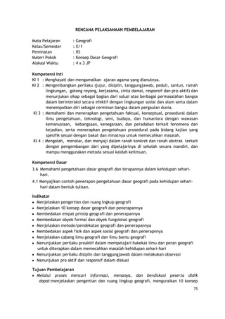 75
RENCANA PELAKSANAAN PEMBELAJARAN
Mata Pelajaran : Geografi
Kelas/Semester : X/1
Peminatan : IIS
Materi Pokok : Konsep Dasar Geografi
Alokasi Waktu : 4 x 3 JP
Kompetensi Inti
KI 1 : Menghayati dan mengamalkan ajaran agama yang dianutnya.
KI 2 : Mengembangkan perilaku (jujur, disiplin, tanggungjawab, peduli, santun, ramah
lingkungan, gotong royong, kerjasama, cinta damai, responsif dan pro-aktif) dan
menunjukan sikap sebagai bagian dari solusi atas berbagai permasalahan bangsa
dalam berinteraksi secara efektif dengan lingkungan sosial dan alam serta dalam
menempatkan diri sebagai cerminan bangsa dalam pergaulan dunia.
KI 3 : Memahami dan menerapkan pengetahuan faktual, konseptual, prosedural dalam
ilmu pengetahuan, teknologi, seni, budaya, dan humaniora dengan wawasan
kemanusiaan, kebangsaan, kenegaraan, dan peradaban terkait fenomena dan
kejadian, serta menerapkan pengetahuan prosedural pada bidang kajian yang
spesifik sesuai dengan bakat dan minatnya untuk memecahkan masalah.
KI 4 : Mengolah, menalar, dan menyaji dalam ranah konkret dan ranah abstrak terkait
dengan pengembangan dari yang dipelajarinya di sekolah secara mandiri, dan
mampu menggunakan metoda sesuai kaidah keilmuan.
Kompetensi Dasar
3.6 Memahami pengetahuan dasar geografi dan terapannya dalam kehidupan sehari-
hari.
4.1 Menyajikan contoh penerapan pengetahuan dasar geografi pada kehidupan sehari-
hari dalam bentuk tulisan.
Indikator
Menjelaskan pengertian dan ruang lngkup geografi
Menjelaskan 10 konsep dasar geografi dan penerapannya
Membedakan empat prinsip geografi dan penerapannya
Membedakan obyek formal dan obyek fungsional geografi
Menjelaskan metode/pendekatan geografi dan penerapannya
Membedakan aspek fisik dan aspek sosial geografi dan penerapnnya
Menjelaskan cabang ilmu geografi dan ilmu bantu geografi
Menunjukkan perilaku proaktif dalam mempelajari hakekat ilmu dan peran geografi
untuk diterapkan dalam memecahkan masalah kehidupan sehari-hari
Menunjukkan perilaku disiplin dan tanggungjawab dalam melakukan obsevasi
Menunjukan pro aktif dan responsif dalam diskusi
Tujuan Pembelajaran
Melalui proses mencari informasi, menanya, dan berdiskusi peserta didik
dapat:menjelaskan pengertian dan ruang lingkup geografi, menguraikan 10 konsep
 