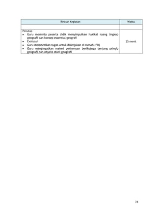 78
Rincian Kegiatan Waktu
Penutup
Guru meminta peserta didik menyimpulkan hakikat ruang lingkup
geografi dan konsep essensial geografi
Evaluasi
Guru memberikan tugas untuk dikerjakan di rumah (PR)
Guru mengingatkan materi pertemuan berikutnya tentang prinsip
geografi dan obyeks studi geografi
25 menit
 