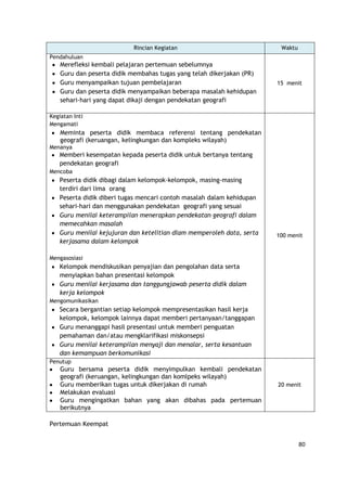 80
Rincian Kegiatan Waktu
Pendahuluan
Merefleksi kembali pelajaran pertemuan sebelumnya
Guru dan peserta didik membahas tugas yang telah dikerjakan (PR)
Guru menyampaikan tujuan pembelajaran
Guru dan peserta didik menyampaikan beberapa masalah kehidupan
sehari-hari yang dapat dikaji dengan pendekatan geografi
15 menit
Kegiatan Inti
Mengamati
Meminta peserta didik membaca referensi tentang pendekatan
geografi (keruangan, kelingkungan dan kompleks wilayah)
Menanya
Memberi kesempatan kepada peserta didik untuk bertanya tentang
pendekatan geografi
Mencoba
Peserta didik dibagi dalam kelompok-kelompok, masing-masing
terdiri dari lima orang
Peserta didik diberi tugas mencari contoh masalah dalam kehidupan
sehari-hari dan menggunakan pendekatan geografi yang sesuai
Guru menilai keterampilan menerapkan pendekatan geografi dalam
memecahkan masalah
Guru menilai kejujuran dan ketelitian dlam memperoleh data, serta
kerjasama dalam kelompok
Mengasosiasi
Kelompok mendiskusikan penyajian dan pengolahan data serta
menyiapkan bahan presentasi kelompok
Guru menilai kerjasama dan tanggungjawab peserta didik dalam
kerja kelompok
Mengomunikasikan
Secara bergantian setiap kelompok mempresentasikan hasil kerja
kelompok, kelompok lainnya dapat memberi pertanyaan/tanggapan
Guru menanggapi hasil presentasi untuk memberi penguatan
pemahaman dan/atau mengklarifikasi miskonsepsi
Guru menilai keterampilan menyaji dan menalar, serta kesantuan
dan kemampuan berkomunikasi
100 menit
Penutup
Guru bersama peserta didik menyimpulkan kembali pendekatan
geografi (keruangan, kelingkungan dan komlpeks wilayah)
Guru memberikan tugas untuk dikerjakan di rumah
Melakukan evaluasi
Guru mengingatkan bahan yang akan dibahas pada pertemuan
berikutnya
20 menit
Pertemuan Keempat
 