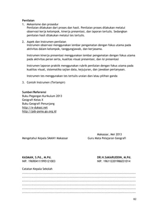 82
Penilaian
1. Mekanisme dan prosedur
Penilaian dilakukan dari proses dan hasil. Penilaian proses dilakukan melalui
observasi kerja kelompok, kinerja presentasi, dan laporan tertulis. Sedangkan
penilaian hasil dilakukan melalui tes tertulis.
2. Aspek dan Instrumen penilaian
Instrumen observasi menggunakan lembar pengamatan dengan fokus utama pada
aktivitas dalam kelompok, tanggungjawab, dan kerjasama.
Instrumen kinerja presentasi menggunakan lembar pengamatan dengan fokus utama
pada aktivitas peran serta, kualitas visual presentasi, dan isi presentasi
Instrumen laporan praktik menggunakan rubrik penilaian dengan fokus utama pada
kualitas visual, sistematika sajian data, kejujuran, dan jawaban pertanyaan.
Instrumen tes menggunakan tes tertulis uraian dan/atau pilihan ganda
3. Contoh Instrumen (Terlampir)
Sumber/Referensi
Buku Pegangan Kurikulum 2013
Geografi Kelas X
Buku Geografi Penunjang
http://e-dukasi.net
http://psb-psma.go.org.id
Makassar, Mei 2013
Mengetahui Kepala SMAN1 Makassar Guru Mata Pelajaran Geografi
KASMAN, S.Pd., M.Pd. DR.H.SAKARUDDIN, M.Pd.
NIP. 196904111995121003 NIP. 196112201986031014
Catatan Kepala Sekolah
............................................................................................................
............................................................................................................
............................................................................................................
............................................................................................................
............................................................................................................
............................................................................................................
 