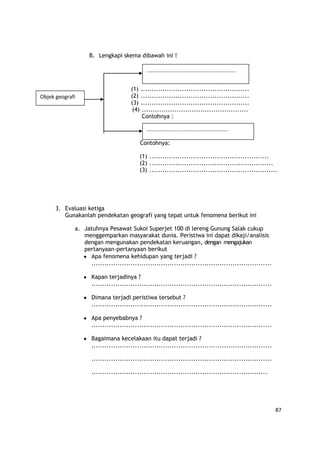87
B. Lengkapi skema dibawah ini !
(1) ..................................................
(2) ..................................................
(3) ..................................................
(4) .................................................
Contohnya :
Contohnya:
(1) .......................................................
(2) .........................................................
(3) ...........................................................
3. Evaluasi ketiga
Gunakanlah pendekatan geografi yang tepat untuk fenomena berikut ini
a. Jatuhnya Pesawat Sukoi Superjet 100 di lereng Gunung Salak cukup
menggemparkan masyarakat dunia. Peristiwa ini dapat dikaji/analisis
dengan mengunakan pendekatan keruangan, dengan mengajukan
pertanyaan-pertanyaan berikut
Apa fenomena kehidupan yang terjadi ?
...................................................................................
Kapan terjadinya ?
...................................................................................
Dimana terjadi peristiwa tersebut ?
...................................................................................
Apa penyebabnya ?
...................................................................................
Bagaimana kecelakaan itu dapat terjadi ?
...................................................................................
...................................................................................
.................................................................................
............................................................
Objek geografi
.......................................................
 