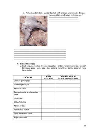 88
b. Perhatikan baik-baik gambar berikut ini !: analisis fenomena ini dengan
menggunakan pendekatan kelingkungan !
…………………………………………………………
………………………………………………………….
…………………………………………………………..
………………………………………………………………………………………………………
………………………………………………………………………………………………………
………………………………………………………………………………………………………
………………………………………………………………………………………………………
………………………………………………………………………………………………………
…………………………………………………………………………………………………….
4. Evaluasi keempat
a. Isilah matriks berikut ini dan sesuaikan antara fenomena/gejala geografi
termasuk pada apek apa dan cabang ilmu/ilmu bantu geografi yang
bersesuaian
FENOMENA
ASPEK
GEOGRAFI
CABANG ILMU/ILMU
PENUNJANG GEOGRAFI
Letusan gunung api
Hutan hujan tropis
Membuat peta
Tsunami pantai selatan pulau
jawa
Urbanisasi
Siklus hidrologi
Abrasi air laut
Pemukiman kumuh
Jenis dan warna tanah
Angin dan cuaca
 