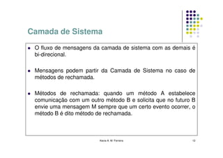 Camada de Sistema
 O fluxo de mensagens da camada de sistema com as demais é
 bi-direcional.

 Mensagens podem partir da Camada de Sistema no caso de
 métodos de rechamada.

 Métodos de rechamada: quando um método A estabelece
 comunicação com um outro método B e solicita que no futuro B
 envie uma mensagem M sempre que um certo evento ocorrer, o
 método B é dito método de rechamada.



                         Kecia A. M. Ferreira              12
 