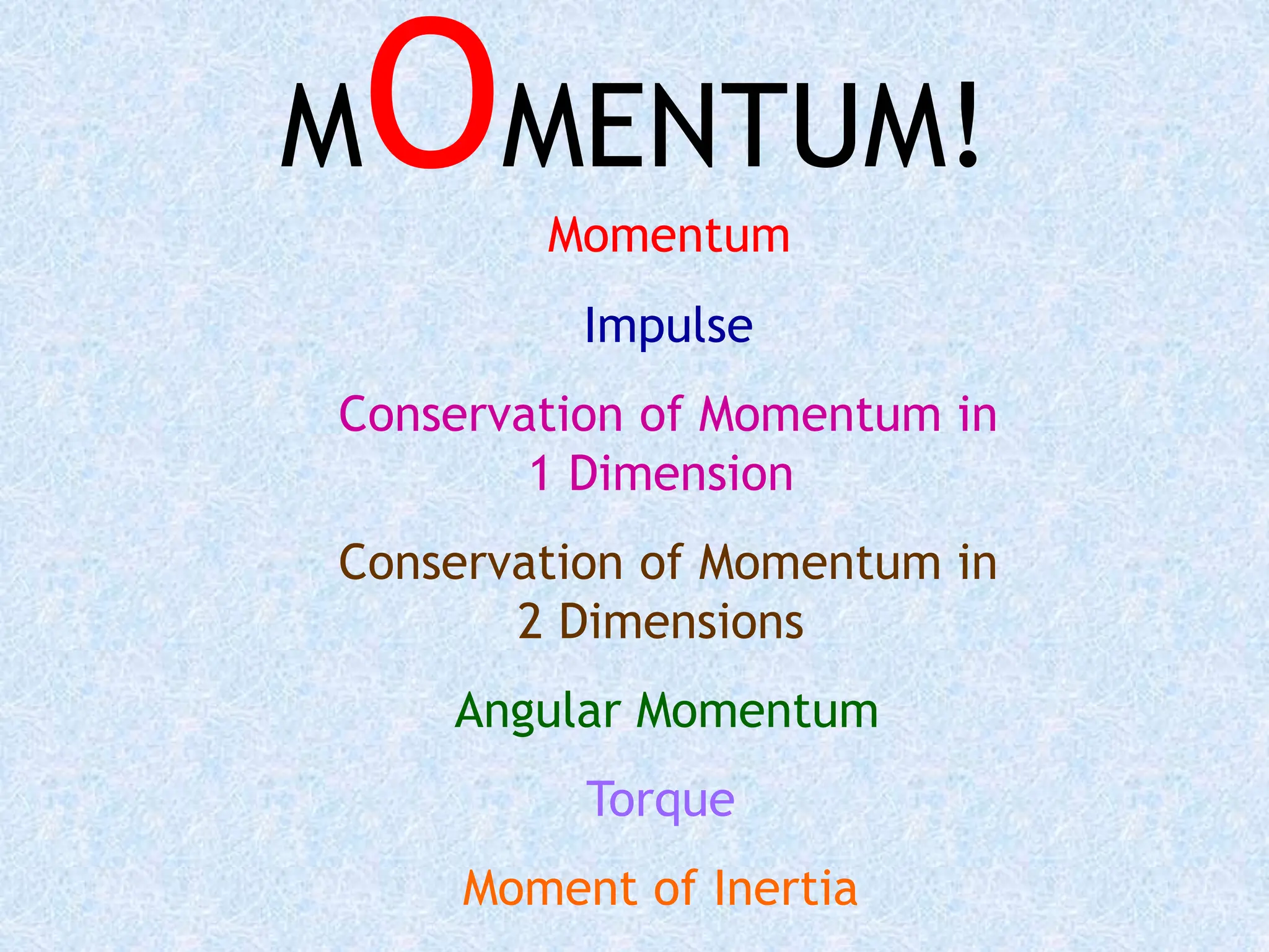MOMENTUM!
Momentum
Impulse
Conservation of Momentum in
1 Dimension
Conservation of Momentum in
2 Dimensions
Angular Momentum
Torque
Moment of Inertia
 