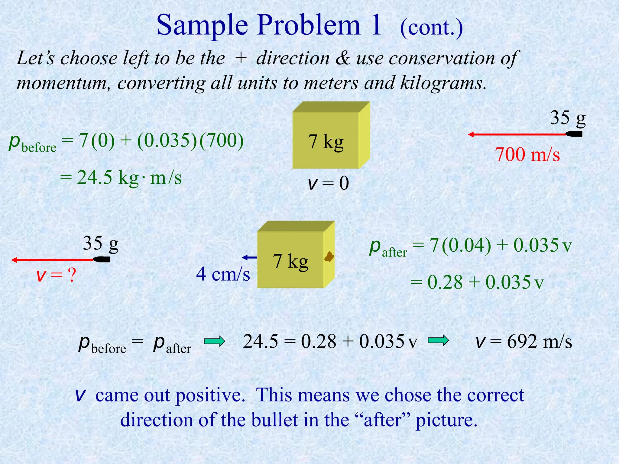 Sample Problem 1 (cont.)
7 kg
v = 0
700 m/s
35 g
7 kg
v = ?
35 g
4 cm/s
pbefore = 7(0) + (0.035)(700)
= 24.5 kg·m/s
Let’s choose left to be the + direction & use conservation of
momentum, converting all units to meters and kilograms.
pafter = 7(0.04) + 0.035v
= 0.28 + 0.035v
pbefore = pafter 24.5 = 0.28 + 0.035v v = 692 m/s
v came out positive. This means we chose the correct
direction of the bullet in the “after” picture.
 