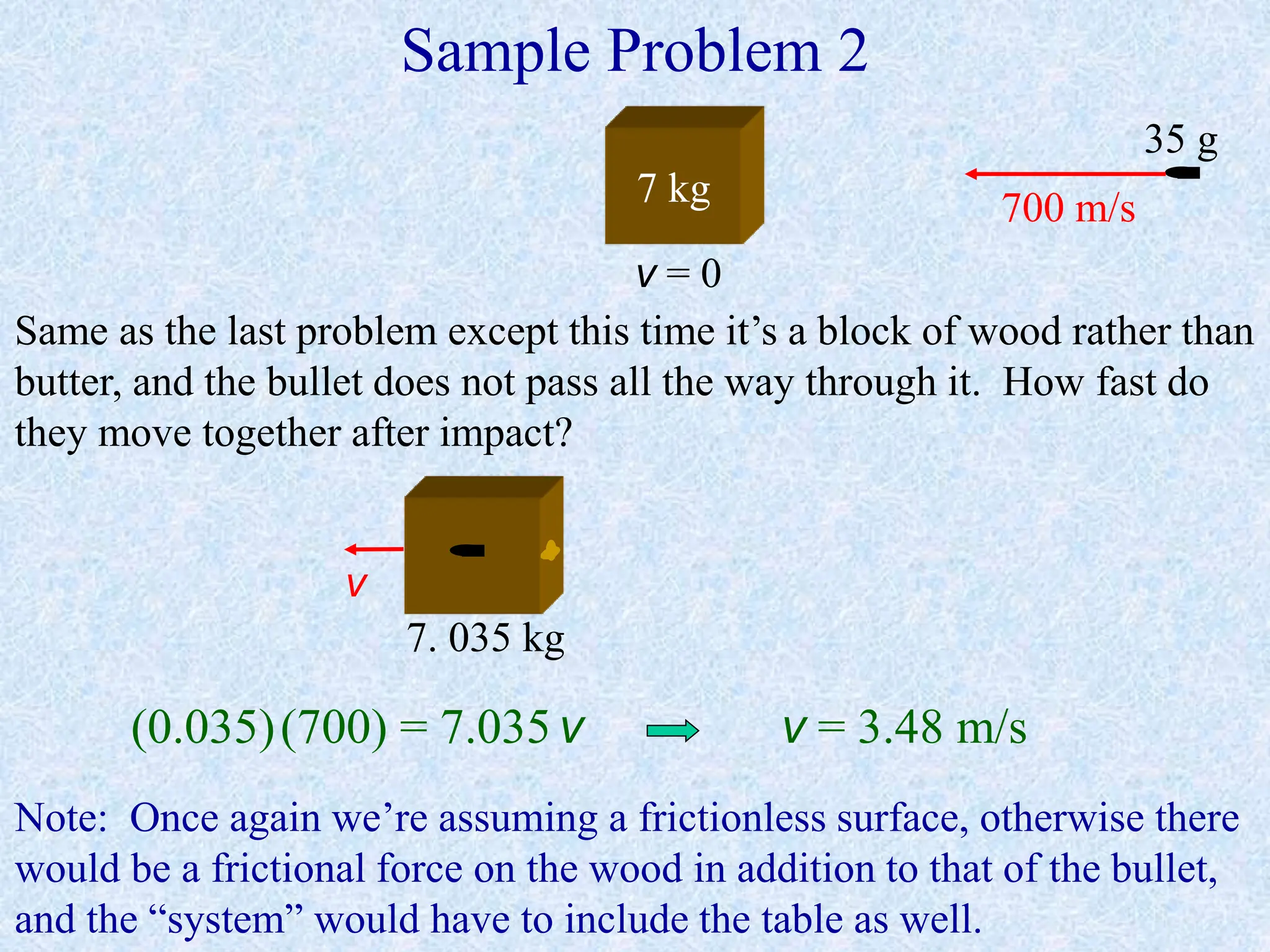 Sample Problem 2
7 kg
v = 0
700 m/s
35 g
Same as the last problem except this time it’s a block of wood rather than
butter, and the bullet does not pass all the way through it. How fast do
they move together after impact?
v
7. 035 kg
(0.035)(700) = 7.035v v = 3.48 m/s
Note: Once again we’re assuming a frictionless surface, otherwise there
would be a frictional force on the wood in addition to that of the bullet,
and the “system” would have to include the table as well.
 