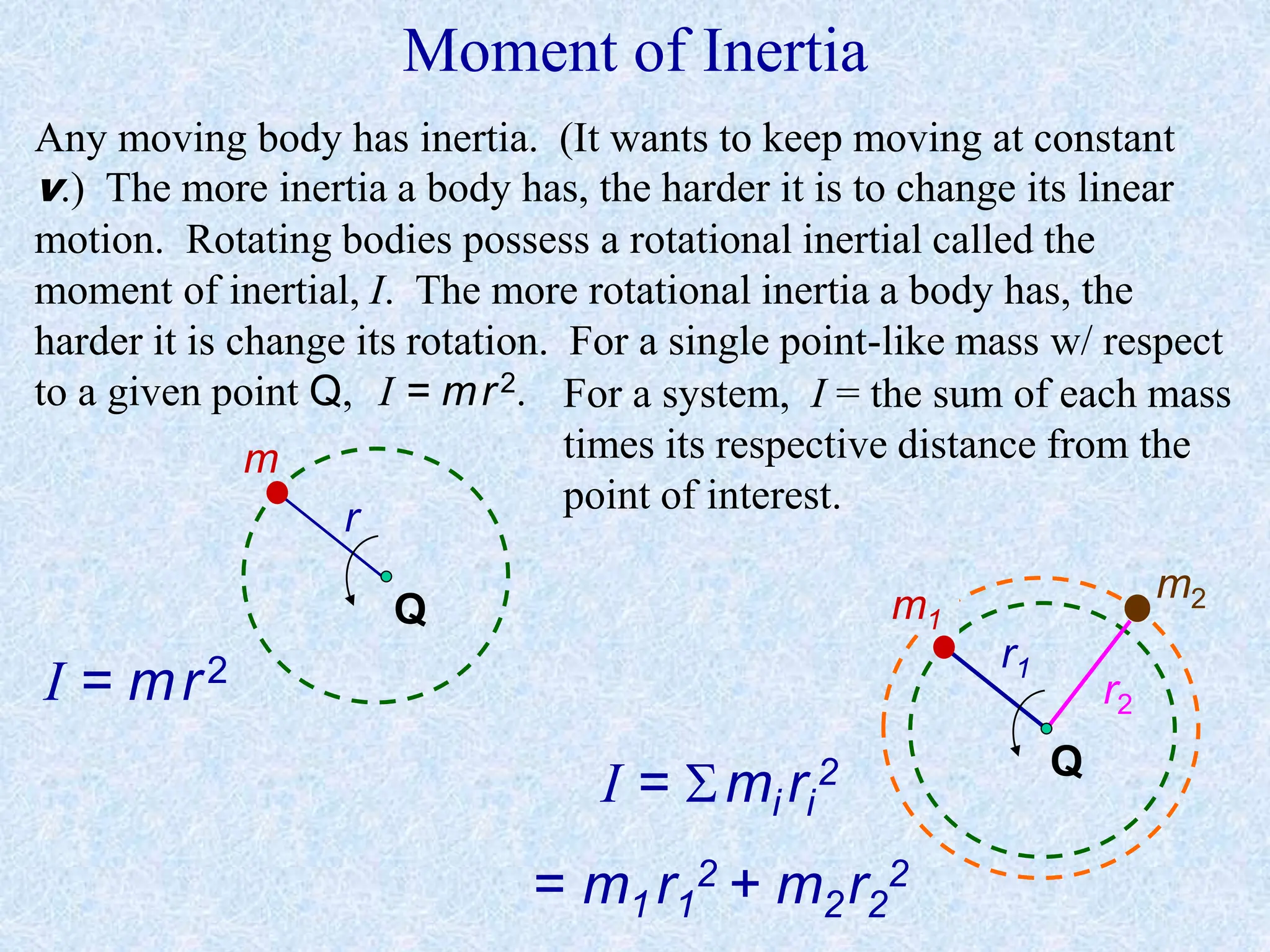 Moment of Inertia
Any moving body has inertia. (It wants to keep moving at constant
v.) The more inertia a body has, the harder it is to change its linear
motion. Rotating bodies possess a rotational inertial called the
moment of inertial, I. The more rotational inertia a body has, the
harder it is change its rotation. For a single point-like mass w/ respect
to a given point Q, I = mr2.
I = mr2
m
r
For a system, I = the sum of each mass
times its respective distance from the
point of interest.
r2
m2
r1
m1
I = mi ri
2
= m1 r1
2 + m2r2
2
Q
Q
 
