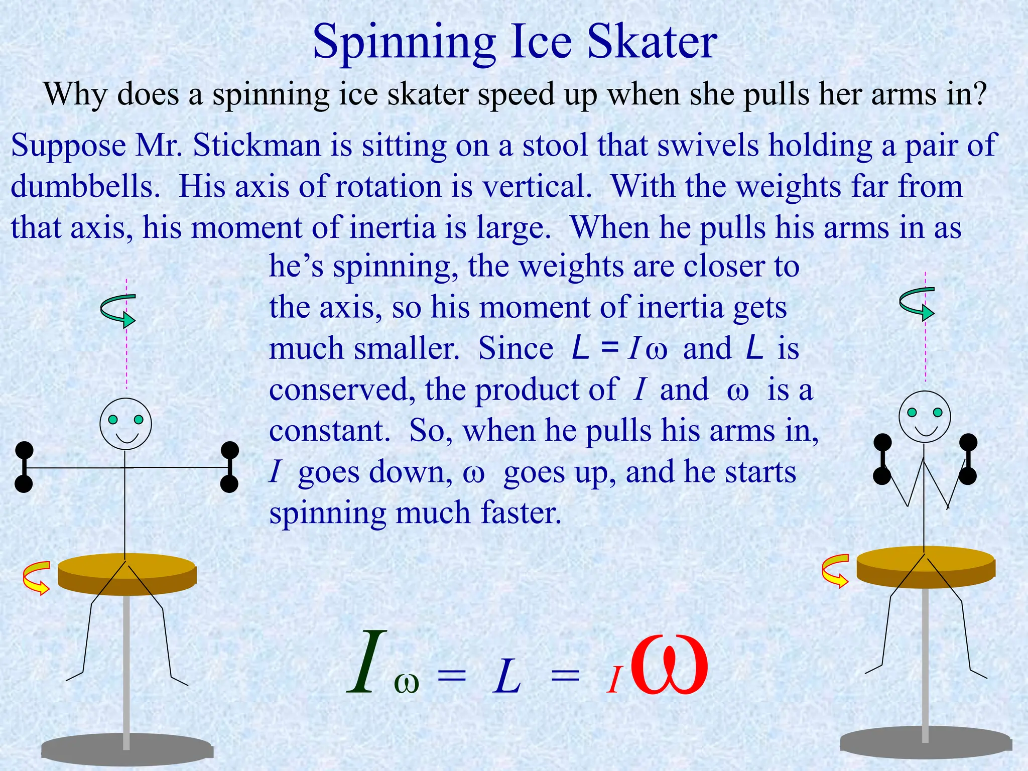 Spinning Ice Skater
Why does a spinning ice skater speed up when she pulls her arms in?
Suppose Mr. Stickman is sitting on a stool that swivels holding a pair of
dumbbells. His axis of rotation is vertical. With the weights far from
that axis, his moment of inertia is large. When he pulls his arms in as
he’s spinning, the weights are closer to
the axis, so his moment of inertia gets
much smaller. Since L = I and L is
conserved, the product of I and  is a
constant. So, when he pulls his arms in,
I goes down,  goes up, and he starts
spinning much faster.
I = L = I
 