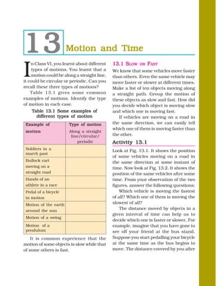 13                     Motion and Time

I
    n Class VI, you learnt about different    13.1 SLOW    OR   FAST
     types of motions. You learnt that a      We know that some vehicles move faster
     motion could be along a straight line,   than others. Even the same vehicle may
it could be circular or periodic. Can you     move faster or slower at different times.
recall these three types of motions?          Make a list of ten objects moving along
    Table 13.1 gives some common              a straight path. Group the motion of
examples of motions. Identify the type        these objects as slow and fast. How did
of motion in each case.                       you decide which object is moving slow
    Table 13.1 Some examples of               and which one is moving fast.
      different types of motion                  If vehicles are moving on a road in
 Example of            Type of motion         the same direction, we can easily tell
                                              which one of them is moving faster than
 motion                Along a straight
                        line/circular/        the other.
                           periodic           Activity 13.1
 Soldiers in a
                                              Look at Fig. 13.1. It shows the position
 march past
                                              of some vehicles moving on a road in
 Bullock cart                                 the same direction at some instant of
 moving on a                                  time. Now look at Fig. 13.2. It shows the
 straight road                                position of the same vehicles after some
 Hands of an                                  time. From your observation of the two
 athlete in a race                            figures, answer the following questions:
 Pedal of a bicycle                               Which vehicle is moving the fastest
 in motion                                    of all? Which one of them is moving the
 Motion of the earth                          slowest of all?
 around the sun
                                                  The distance moved by objects in a
                                              given interval of time can help us to
 Motion of a swing
                                              decide which one is faster or slower. For
 Motion of a                                  example, imagine that you have gone to
 pendulum                                     see off your friend at the bus stand.
    It is common experience that the          Suppose you start pedalling your bicycle
motion of some objects is slow while that     at the same time as the bus begins to
of some others is fast.                       move. The distance covered by you after
 