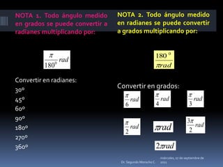NOTA 1. Todo ángulo medido en grados se puede convertir a radianes multiplicando por: NOTA 2. Todo ángulo medido en radianes se puede convertir a grados multiplicando por: Convertir en radianes:30º45º60º90º180º270º360ºConvertir en grados:miércoles, 04 de mayo de 2011Dr. Segundo Morocho C.