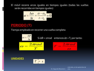 miércoles, 04 de mayo de 2011Dr. Segundo Morocho C.El móvil recorre arcos iguales en tiempos iguales (todas las vueltas serán recorridas en tiempos iguales)PERIODO (T) Tiempo empleado en recorrer una vuelta completa                                                   Si Δθ = 2πrad    entonces Δt = T; por tanto:UNIDADES