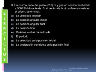 3. Un cuerpo parte del punto (-2,6) m y gira en sentido antihorario a 500RPM durante 4s. Si el centro de la circunferencia esta en el origen, determinar: La velocidad angularLa posición angular inicialLa posición angular finalLa posición finalCuántas vueltas da en los 4sEl períodoLa velocidad en la posición inicialLa aceleración centrípeta en la posición finalEJERCICIOSmiércoles, 04 de mayo de 2011Dr. Segundo Morocho C.
