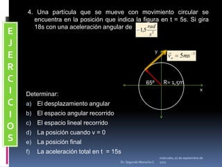 miércoles, 04 de mayo de 2011Dr. Segundo Morocho C. 4. Una partícula que se mueve con movimiento circular se encuentra en la posición que indica la figura en t = 5s. Si gira 18s con una aceleración angular de  Determinar:El desplazamiento angular	El espacio angular recorridoEl espacio lineal recorrido	La posición cuando v = 0La posición finalLa aceleración total en t  = 15syR= 1,5mEJERCICIOS65ºx