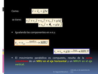 miércoles, 04 de mayo de 2011Dr. Segundo Morocho C.Como:	 se tiene: Igualando las componentes en x e y: El movimiento parabólico es compuesto, resulta de la suma simultáneade un MRU en el eje horizontal y un MRUV en el eje vertical.