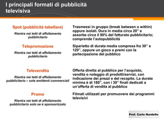 Prof. Carlo Nardello
I principali formati di pubblicità
televisiva
Spot (pubblicità tabellare)
Rientra nei tetti di affollamento
pubblicitario
Trasmessi in gruppo (break between o within)
oppure isolati. Dura in media circa 20” e
assorbe circa il 90% del fatturato pubblicitario;
comprende l’autopubblicità
Telepromozione
Rientra nei tetti di affollamento
pubblicitario
Siparietto di durata media compresa fra 30” e
120”, oppure un gioco a premi con la
partecipazione del pubblico
Televendita
Rientra nei tetti di affollamento
pubblicitario – sole emittenti commerciali
Offerta diretta al pubblico per l’acquisto,
vendita o noleggio di prodotti/servizi, con
indicazione dei prezzi e del recapito. La durata
minima è di 180”, con i 30” finali dedicati a
un’offerta di vendita al pubblico
Promo
Rientra nei tetti di affollamento
pubblicitario solo se è sponsorizzato
Filmati utilizzati per promuovere dei programmi
televisivi
 