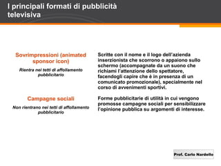 Prof. Carlo Nardello
I principali formati di pubblicità
televisiva
Sovrimpressioni (animated
sponsor icon)
Rientra nei tetti di affollamento
pubblicitario
Scritte con il nome e il logo dell’azienda
inserzionista che scorrono o appaiono sullo
schermo (accompagnate da un suono che
richiami l’attenzione dello spettatore,
facendogli capire che è in presenza di un
comunicato promozionale), specialmente nel
corso di avvenimenti sportivi.
Campagne sociali
Non rientrano nei tetti di affollamento
pubblicitario
Forme pubblicitarie di utilità in cui vengono
promosse campagne sociali per sensibilizzare
l’opinione pubblica su argomenti di interesse.
 