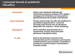 Prof. Carlo Nardello
I principali formati di pubblicità
interattiva
Advertorial Pagine web redazionali dedicate agli
inserzionisti, possono contenere link. Adatto a
campagne che richiedono un buon grado di
approfondimento dei prodotti o dell’azienda
Spot interattivo Filmato commerciale che offre allo spettatore la
possibilità di approfondirne i contenuti
cliccando sulle diverse aree di interazione
disponibili (com classica + direct marketing)
Advergame Gioco interattivo sponsorizzato da un
inserzionista. Il brand viene promosso
attraverso l’interattività ludica
Tv site Sorta di sito televisivo esclusivo dove
l’inserzionista può far conoscere e promuovere
interattivamente i propri prodotti. È possibile lo
scambio di e-mail fra utente e inserzionista e
l’acquisto diretto
 
