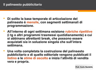 Prof. Carlo Nardello
Il palinsesto pubblicitario
 Di solito la base temporale di articolazione del
palinsesto è mensile, con segmenti settimanali di
programmazione.
 All’interno di ogni settimana esistono rubriche ripetitive
(i tg o altri programmi trasmessi quotidianamente) a cui
si abbinano altrettanti break, che possono essere
acquistati sia in soluzione singola che sull’intera
settimana.
 Una volta completata la costruzione del palinsesto
pubblicitario e di quello editoriale vengono pubblicati il
listino e le stime di ascolto e inizia l’attività di vendita
vera e propria.
 