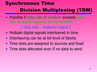 Synchronous Time    Division Multiplexing (TDM) Possible if  data rate of medium  exceeds  data rate of digital signal to be transmitted [ data rate : medium>signal ] Multiple digital signals interleaved in time Interleaving can be at bit level of blocks Time slots pre-assigned to sources and fixed Time slots allocated even if no data to send 