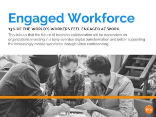 Engaged Workforce
This tells us that the future of business collaboration will be dependent on
organizations investing in a long-overdue digital transformation and better supporting
the increasingly mobile workforce through video conferencing.
13% OF THE WORLD’S WORKERS FEEL ENGAGED AT WORK.
 