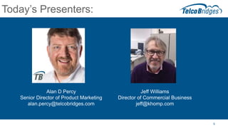 5
Today’s Presenters:
Alan D Percy
Senior Director of Product Marketing
alan.percy@telcobridges.com
Jeff Williams
Director of Commercial Business
jeff@khomp.com
 