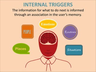 INTERNAL	
  TRIGGERS 

The	
  information	
  for	
  what	
  to	
  do	
  next	
  is	
  informed	
   
through	
  an	
  association	
  in	
  the	
  user’s	
  memory.

 