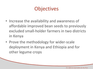 Objectives Increase the availability and awareness of affordable improved bean seeds to previously excluded small-holder farmers in two districts in Kenya Prove the methodology for wider-scale deployment in Kenya and Ethiopia and for other legume crops 
