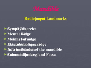 Mandible
Radiolucent Landmarks
►Symphysis
►Mental Fossa
►Mental Foramen
►Mandibular Canal
►Nutrient Canals
►Submandibular gland Fossa
Radiopaque Landmarks
►Genial Tubercles
►Mental Ridge
►Mylohyoid ridge
►External oblique ridge
►Inferior border of the mandible
►Coronoid process
 