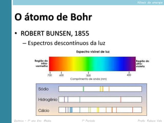 Níveis de energia




O átomo de Bohr
• ROBERT BUNSEN, 1855
      – Espectros descontínuos da luz




Química – 1º ano Ens. Médio   1º Período   Profa. Rebeca Vale
 
