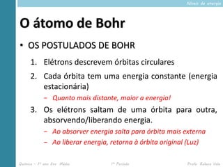 Níveis de energia




O átomo de Bohr
• OS POSTULADOS DE BOHR
      1. Elétrons descrevem órbitas circulares
      2. Cada órbita tem uma energia constante (energia
         estacionária)
             − Quanto mais distante, maior a energia!
      3. Os elétrons saltam de uma órbita para outra,
         absorvendo/liberando energia.
             − Ao absorver energia salta para órbita mais externa
             − Ao liberar energia, retorna à órbita original (Luz)

Química – 1º ano Ens. Médio        1º Período              Profa. Rebeca Vale
 