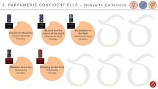 3 . PA R F U M E R I E C O N F I D E N T I E L L E – N o u v e l l e C o l l e c t i o n
Sound of a Ricochet
Cérémonie Kodo
Floraïku
My Shadow on
the Wall
Cérémonie Kodo
Floraïku
My love has the
colour of the night
Cérémonie Kodo
Floraïku
Between two trees
Shadowing
Floraïku
Sleeping on the Roof
Shadowing
Floraïku
 