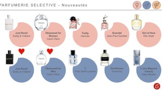 Just Rock!
Zadig & Voltaire
Y
Yves Saint-Laurent
Gentleman
Givenchy
PA R F U M E R I E S E L E C T I V E - N o u v e a u t é s
Twilly
Hermès
Scandal
Jean-Paul Gaultier
Girl of Now
Elie Saab
Just Rock!
Zadig & Voltaire
L’eau Majeure
d’Issey
Issey Miyake
Obsessed for
Women
Calvin Klein
Obsessed for
Men
Calvin Klein
 