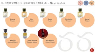 Bruma
Trudon
Olim
Trudon
Deux
Trudon
Révolution
Trudon
Mortel
Trudon
3 . PA R F U M E R I E C O N F I D E N T I E L L E - N o u v e a u t é s
Mandala
Masque Milano
Nuit Velours
Robert Piguet
Times Square
Masque Milano
 