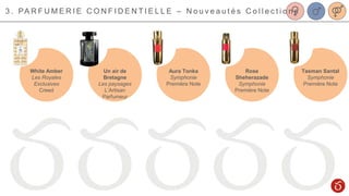 White Amber
Les Royales
Exclusives
Creed
3 . PA R F U M E R I E C O N F I D E N T I E L L E – N o u v e a u t é s C o l l e c t i o n s
Un air de
Bretagne
Les paysages
L’Artisan
Parfumeur
Aura Tonka
Symphonie
Première Note
Rose
Sheherazade
Symphonie
Première Note
Tasman Santal
Symphonie
Première Note
 