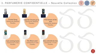 3 . PA R F U M E R I E C O N F I D E N T I E L L E – N o u v e l l e C o l l e c t i o n
Cricket Song
Cérémonie Ikebana
Floraïku
I am coming home
Cérémonie O Cha
Floraïku
One umbrella for two
Cérémonie O Cha
Floraïku
The Moon and I
Cérémonie O Cha
Floraïku
First dream of the
year
Cérémonie Ikebana
Floraïku
I see the Clouds go by
Cérémonie Ikebana
Floraïku
 